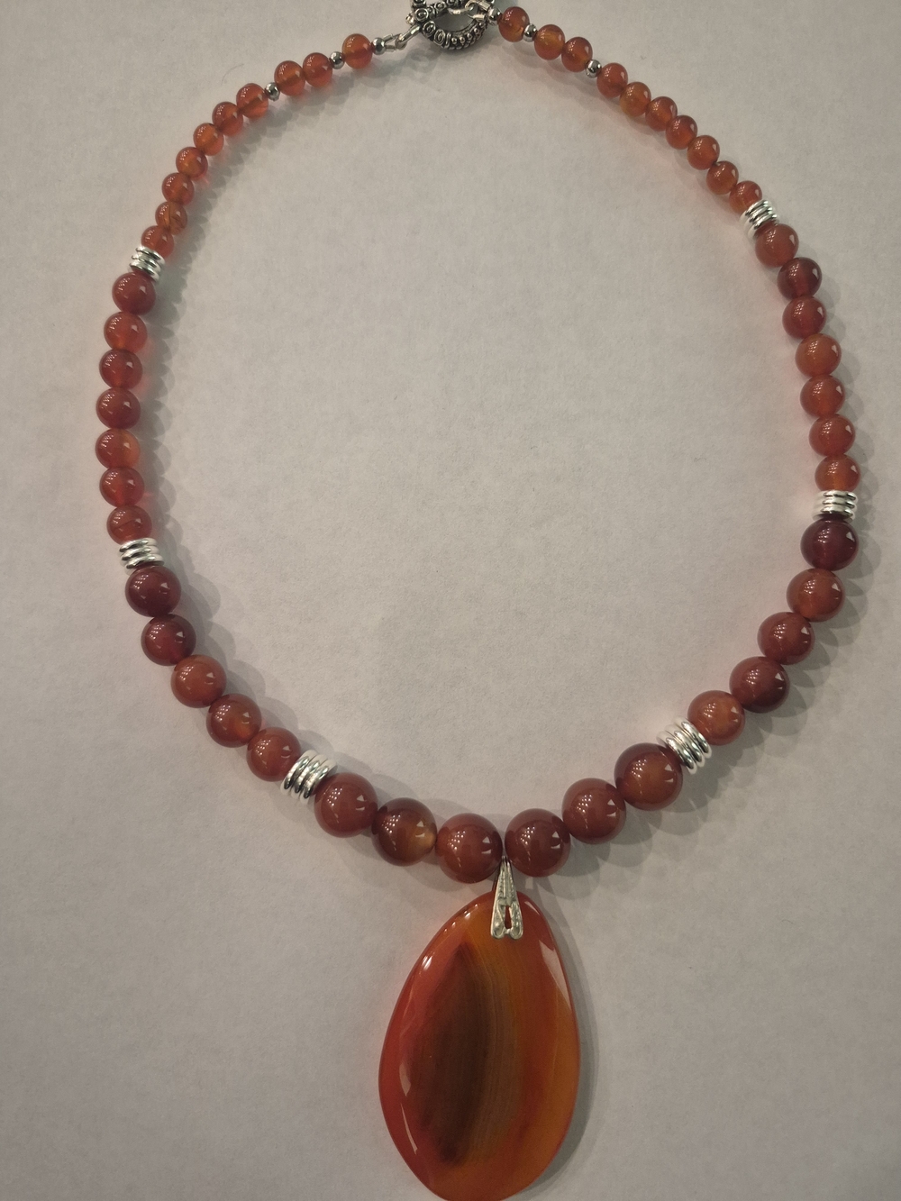 Carnelian Bead Necklace with Carnelian Teardrop Pendant 18" Artisian Made